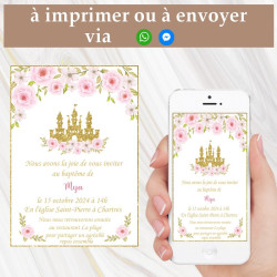 invitation communion à imprimer soi même pour un faire part pas cher theme chateau princesse rose et or