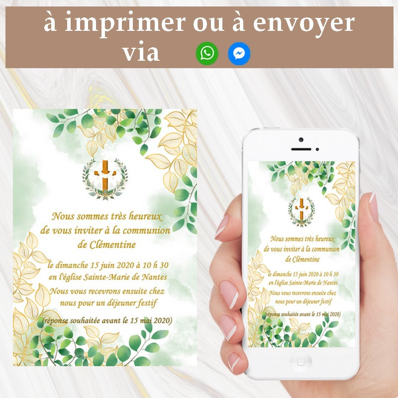 Invitation digitale communion green leaf à imprimer