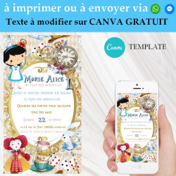 Invitation anniversaire anniversaire alice au pays des merveilles Template CANVA à imprimer