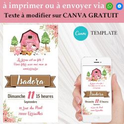 Invitation anniversaire animaux de la ferme fille Template CANVA à imprimer