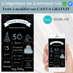 Invitation anniversaire ardoise Template CANVA à imprimer