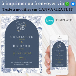 Invitation save the date numérique mariage bleu Template CANVA à imprimer