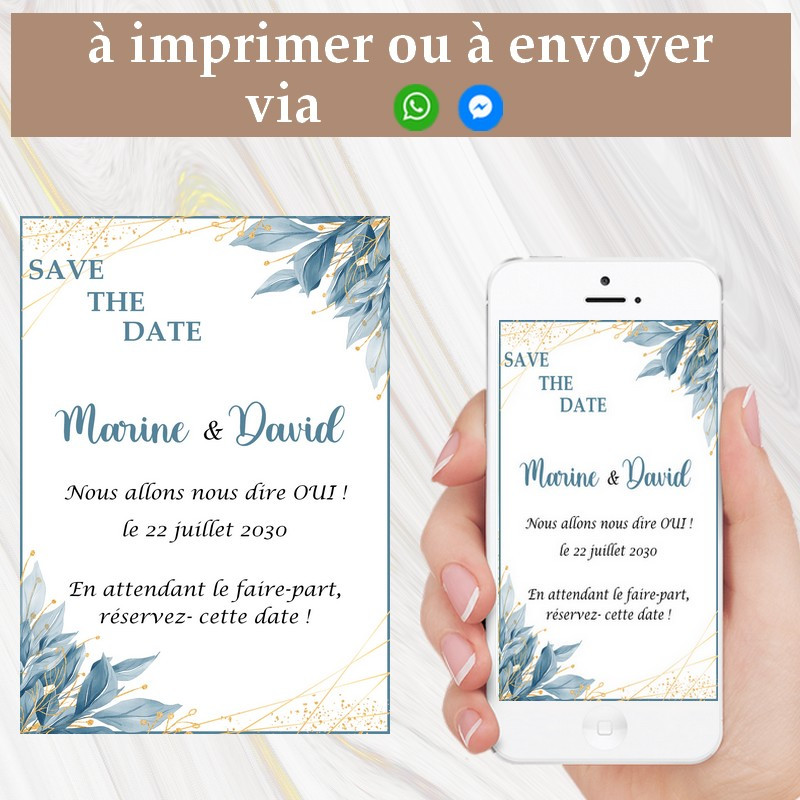 Save the date digital feuillage bleu et or pour mariage à imprimer